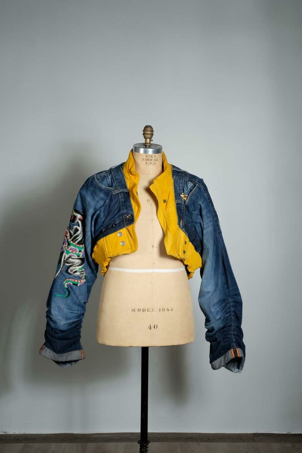 denim/yellow leather panther panted sleeve jacket front