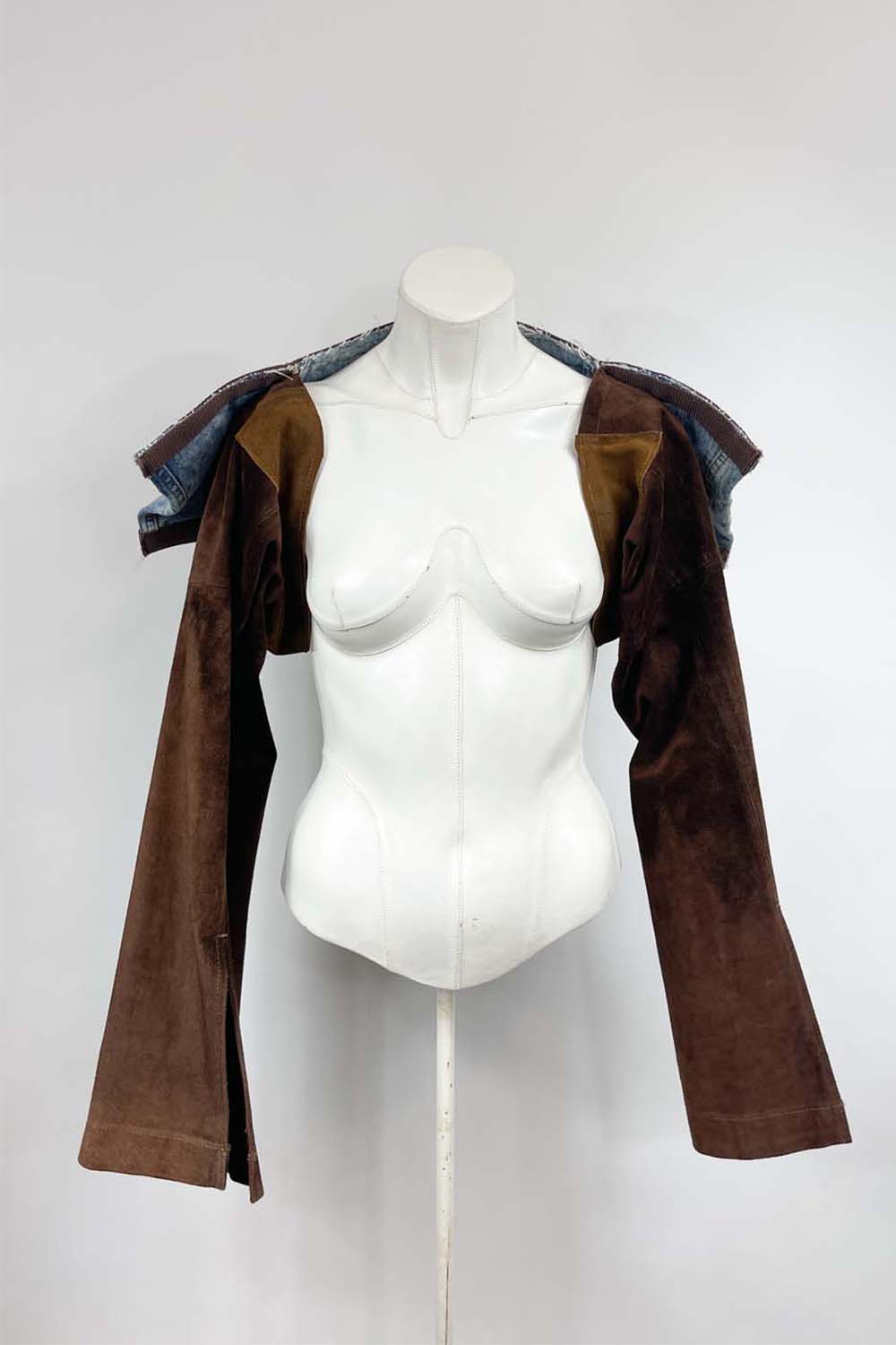 OKIMMI BROWN LEATHER AND DENIM TOP FRONT